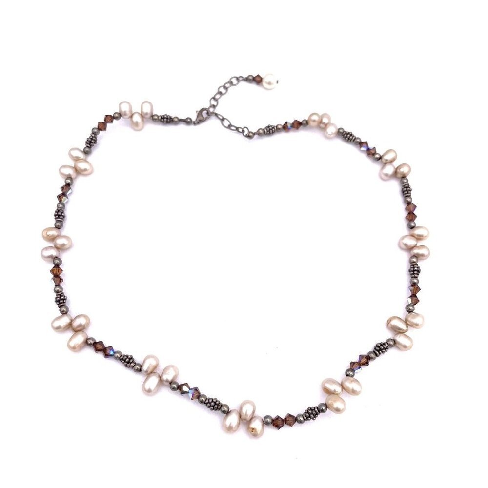 925 Sterling Silver Pearl Faceted Beaded Necklace Adjustable 14 to 17 Inch - Picture 2 of 6